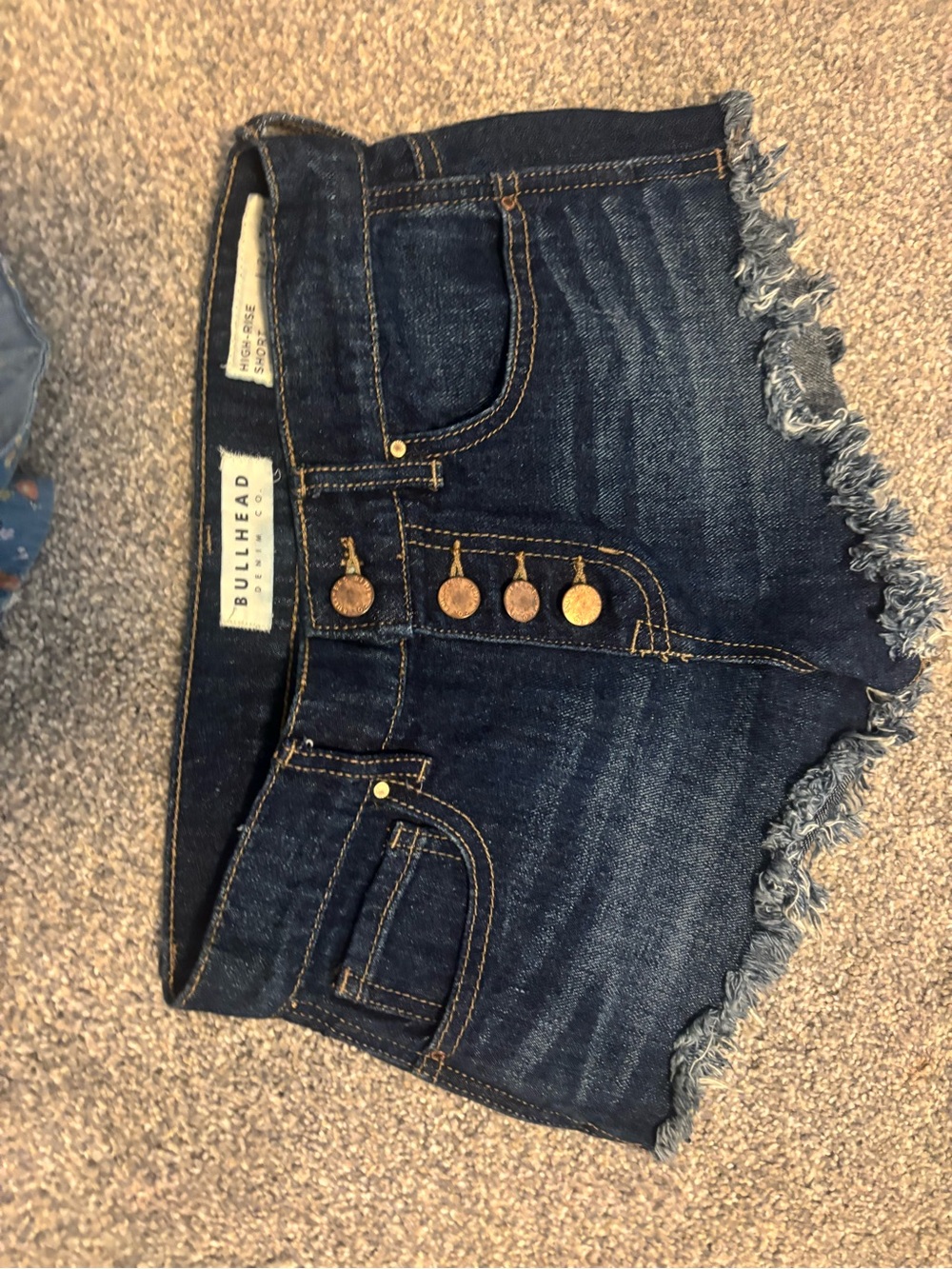 Bullhead Dark Indigo High-Rise Frayed Denim Shorts